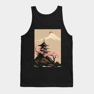 Serene Serenity: Minimal Japanese Temple, Cherry Blossoms and Mount Fiji Tank Top